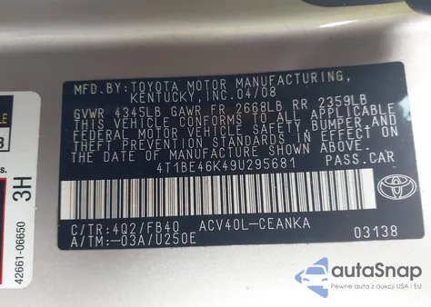 2009 Toyota Camry z USA, uszkodzony, nr VIN 4T1BE46K49U295681